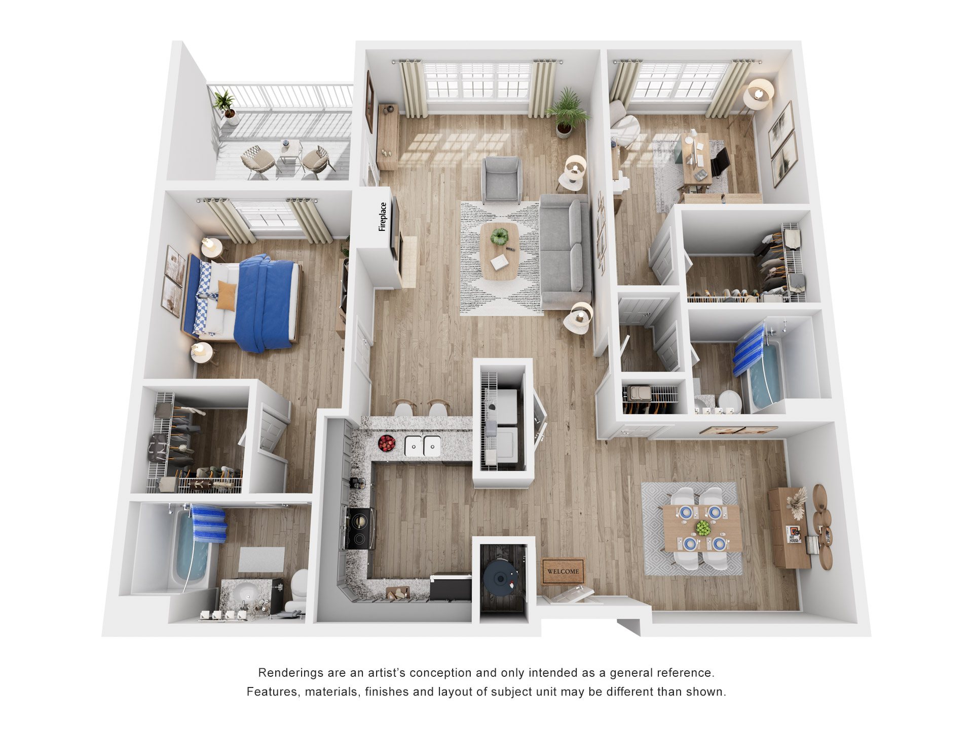 Floor plan for 2 beds, 2 baths, 1213 sqft